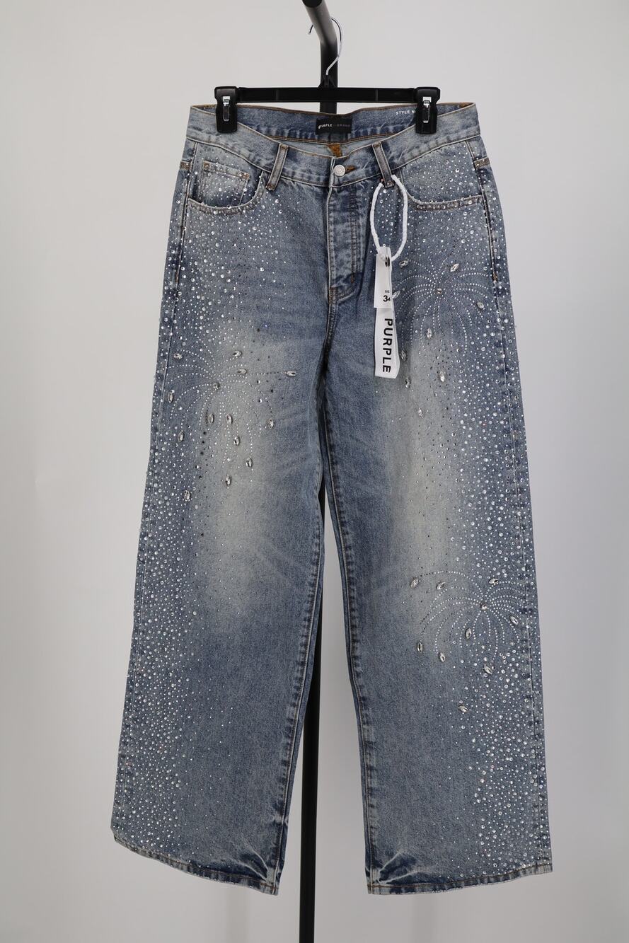 NEW Purple Brand Rhinestone Jeans Women's Blue Wide Leg High Rise Size 34